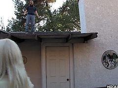 This guy is fixing Joselyn's roof but she wants to give him a well deserved break. The hot blonde climbs on the roof to check out his work and why not, his cock. Just like before, she looks good from above only that this time she's with a hard cock between her pink, sensual lips.
