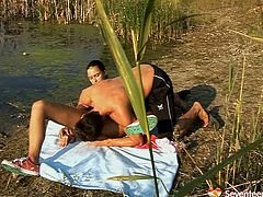 Straight haired teen called Vitoria seduces a fisherman and sucks his dick
