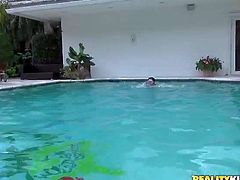 Serena Torres is a bikini-clad teenage sexy. Petite dark haired girl flashes her small tits and then spreads her legs wide and flash her pussy, She has a nice time playing in the pool and showing her naughty bits to Jmac.