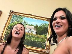 Black haired slutty brunette lesbians Alyssa Reece, Dana Vespoli and Karlie Montana with slim sexy bodies and great lust for pussy get naked and lick each other in living room.