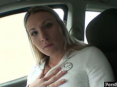 Tasty looking busty blond whore gets picked up in the street as she waits for her bus under a heavy downpour. As soon as she gets into the car, she unzips her sweatshirt to demonstrate big cuddly tits in pov sex scene by Pornstar.