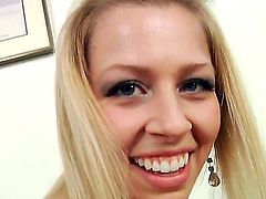 Horney blonde fingers her big ass and later inserts a huge dildo and another in her cunt