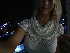 Lusty blonde girl with big boobs flashes her twins. Then she strips on a balcony and kneels down taking hard dick in her pretty mouth. Amateur babe with big boobs give awesome blowjob.