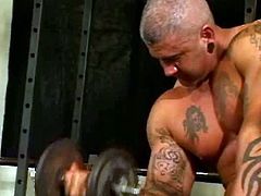 Two petite Asian whores hook up with a beefy coach in the gym. They cling to his meaty hard penis for simultaneous blowjob in peppering FFM sex video by Pornstar.