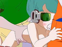 Goku and Master Roshi gangbang this slut. She sucks on Goku's cock and Master Roshi fucks her hard from behind. She chokes on the big dick and can't get enough of his thick cock, coughing up with cum and spit.
