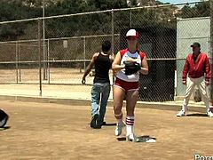 Group of salty young chics in seductive tight fitting shorts and tanks are ready to play baseball outdoor. They run around the field seducing their fans with curvy bodies and long legs.