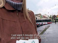 I saw this slut walking down the street and had to approach her because she looked so good. I convinced her to lift up her sweater so I could see her perfect boobs. She unbuttoned my pants and pulled my cock out to suck it.