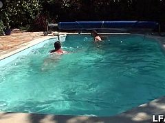 Watch some outdoor poolside French porn threesome in this  amateur European video provided by this kinky French trio in action by the pool.
