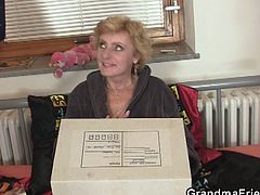 These two young delivery boys brought her a package with dildos inside. This granny doesn't have money to pay for them, but she offers them a good pussy and mouth fuck.