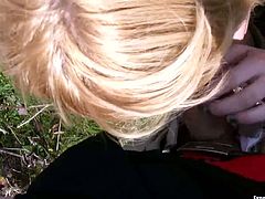 Kinky mature girlfriend takes off her clothes and teases her boyfriend. later she stands on her knees and swallows his dick deep in the forest.