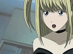 This blonde girl from the Death Note found this guy masturbating. She then wraps her hands around his cock and jerks him off. She kneels underneath the penis and continues to rub it while lustfully waiting a big load on her pretty face.