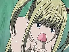 This blonde girl from the Death Note found this guy masturbating. She then wraps her hands around his cock and jerks him off. She kneels underneath the penis and continues to rub it while lustfully waiting a big load on her pretty face.