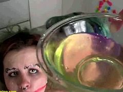 Naked emo girls swallows their own piss! Watch them painting their faces like clowns and having great fun drinking fresh piss!