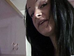 Sexy brunette sucks cock of her boyfriend with a great pleasure. She jerks it off from time to time and dreams of cum load deep in her throat.