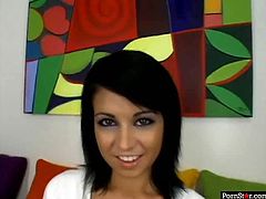 Dark-haired temptress with very cute eyes knows how to appreciate a good, swollen cock! She gets down on her knees and starts sucking her boyfriend's dick for cum.