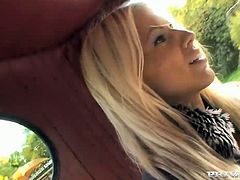 Slim blonde chick kisses with her man in the carriage. Then she sucks his dick and gets her pussy drilled in deep.