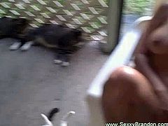 Check this vicious brunette slut getting her clam banged balls deep by her man by the balcony in this intense hardcore video.