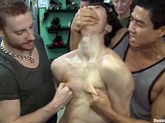 This guy loves to be dominated. So, he let some dudes to tie him up. Later on he sucks big dicks passionately. Of course he also gets ass fucked.