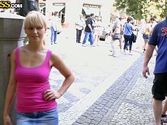 This blondie can hypnotize any man with her sparkling eyes! She is so proud of her yummy tits she just loves showing them off, even in public!