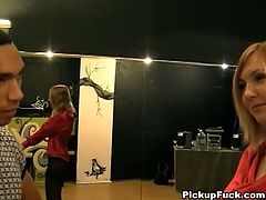 This guy gives a dancing lesson in exchange for a blowjob. This European blonde can't refuse the offer.