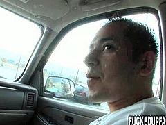 Sex hungry young dude picks up a mesmerizing brunette MILF in the street. He takes her hom where she takes off her clothes to demonstrate nice round ass as she bends over a couch.