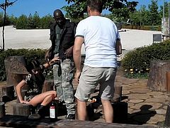 Want to see the backstage of shooting porn movie? Check out this clip by Fame Digital where a salty brunette kneels down in front of beefy black dude to oral fuck his sturdy cock.