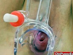 This blonde and a little chubby mature goes to the doctor for a regular check up. The doctor examines her pussy the most by inserting a speculum and other objects in it.