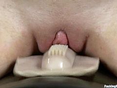 Adorable blonde Elaina Raye is having fun in a basement. She caresses her body passionately and then gets her pussy drilled by a fucking machine.