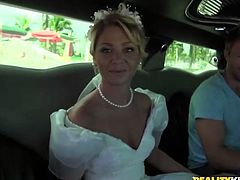 This newly wed bride is on her limo with her husband, but the one fucking her there is another dude!