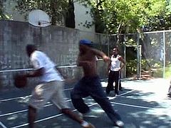 Sex hungry steamy blond MILF tickles her soaking pussy with fingers watching black dudes play basketball outdoor. Later she joins them to play raunchy gangbang sex games.