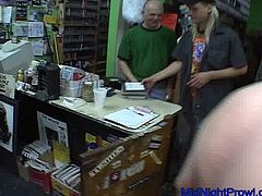 One fuckable bitch wearing fishnet stockings gets her pussy licked and fucked in the shop. Several voyeurs enjoy watching blowjob she gives shop assistant.
