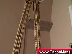 Hot blonde babe is forced get bck naked and is tied up by her master. Bound hoe can't move, her master slides a big long toy deep inside her pussy and she gets wet.