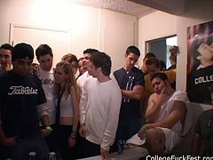Lustful blonde whore with natural tits is getting banged bad in a missionary position in front of the whole college crew.