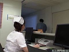 Slim Japanese girl in nurse uniform fondles her pussy right in the hospital. Later on she gives a blowjob and a titjob to a patient.