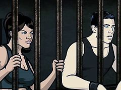 Archer and Lana have been captured by pirates and are locked in a cell together. The closeness makes them horny and they fuck each other. She fingers herself, until she is wet and then, he eats her cunt.