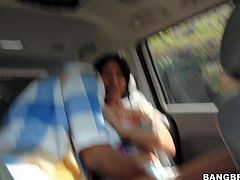 Attractive cock loving and provocative sexy hooker Camila with big juicy ass and nice firm hooters in summer dress and white undies stretches her twat in the car in close up.