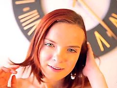 Turned on nude redhead teen Denisa with round delicious bums and beautiful face teases dirty boyfriend and stretches tight pink honey pot in living room in pint of view.