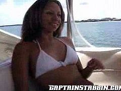 Slutty-ass bitch hops into a yacht and gets fucking banged by the captain, hit play and enjoy this hardcore scene, fuckface!