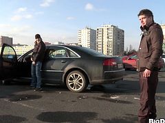 This dude doesn't wastes his time! He gets out of his car, rubs his dick and then the security guard approaches him. Instead of doing his job the guy grabs the dude's penis and gives it a short suck, right there in the middle of the parking lot. They then go somewhere private where they can have some real fun.