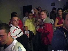 Party girls are chilling at the college party having heavy drinks. Then one of the hoes exposes her tits letting horny guy suckle her boobs. Then she kneels down giving a head.