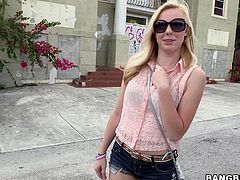 Isn't Marie a blonde cutie? Look at her, what a innocent looking blonde girl, just staying there wearing her sunglasses and those short blue jeans, waiting for something interesting to happen in her life. Well Marie is about to get more then she can handle now that she got inside the bang bus! Enjoy the show!