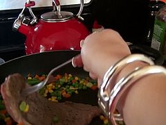 Shy brunette cutie cooks a dinner for her beloved hubby when he approaches her to welcome a thorough blowjob of his oversized dick in pov sex scene by Mofos Network.