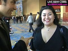 Handsome dude picks up attractive BBW hottie in a public place. The girl easily agrees to follow the guy whenever he takes her because he promised he's gonna fuck her hard.
