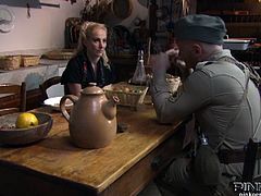 Blonde housewife Monica Preziosi gets her pussy eaten by a horny soldier. She opens her legs and he licks and eats that wet pussy till orgasm.