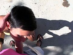Alluring dark head MILF with mouth-watering boobs is sitting down on her knees sucking massive dick deepthroat. Then she gets on top of the hard dong riding upskirt.