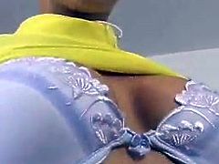 Cute slim blonde Vivienne is having a good time alone. She strips in front of a cam and demonstrates her beautiful tits and cute butt.