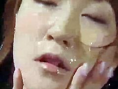 Slutty asian loves feeling tasty cum filling her wet mouth in bukkake porn