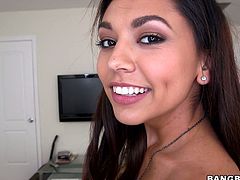 Attractive brunette girlie with tiny small tits and tight pussy hole is posing in front of camera in the beginning of the clip. She also stretches her butt cheeks showing her privates from behind. After demonstrating her goodies she gives stout blowjob in POV.