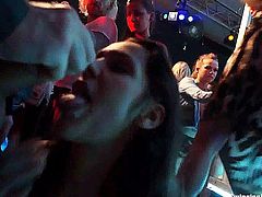 Sinfully club babes sucking and fucking large dicks and getting facialized in public