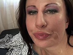 Horny milf gets fucked well and filled with cum all over her warm lips